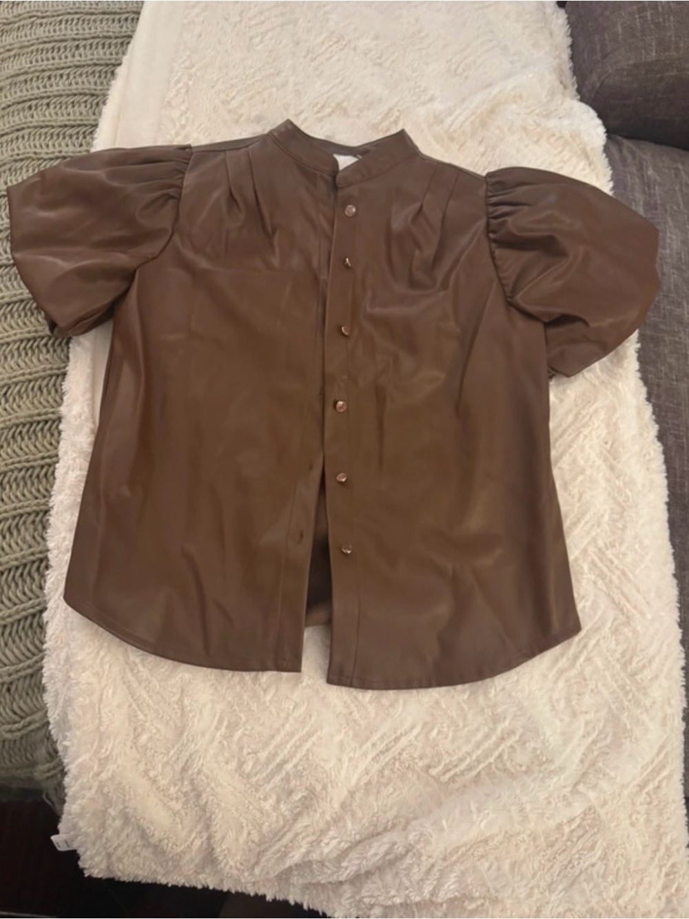 Brown Short-Sleeve Faux Leather Shirt - Casual
